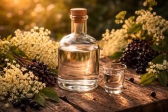 borzag pálinka elegáns pohárban, virágos-gyümölcsös illat és aranyló folyás, kóstolásra élvezetes árnyalatok.