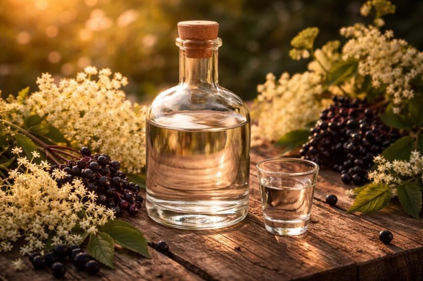 borzag pálinka elegáns pohárban, virágos-gyümölcsös illat és aranyló folyás, kóstolásra élvezetes árnyalatok.