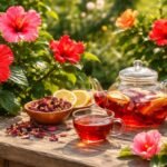 A hibiszkusz virágai élénk piros pigmenttel, sárga és zöld levelekkel