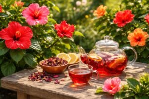 A hibiszkusz virágai élénk piros pigmenttel, sárga és zöld levelekkel