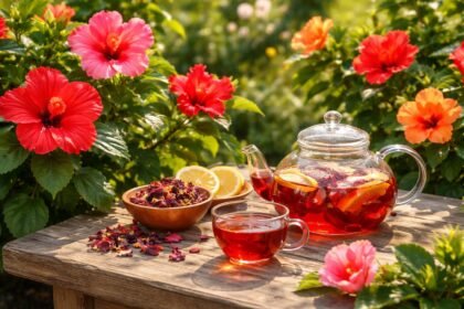 A hibiszkusz virágai élénk piros pigmenttel, sárga és zöld levelekkel