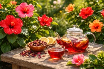 A hibiszkusz virágai élénk piros pigmenttel, sárga és zöld levelekkel