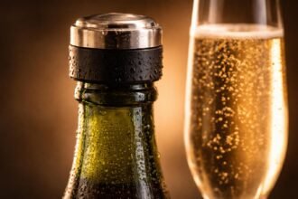 Pezsgő egy palackban visszazárásra kész kupakkal, közeli felvétel buborékokkal látható frissességgel