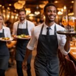Pincér tálal egy modern étteremben, mosolyogva és figyelmesen kiszolgálva vendégeket.