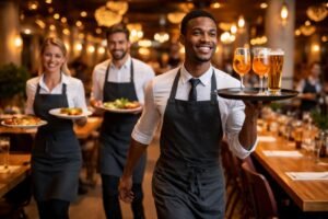Pincér tálal egy modern étteremben, mosolyogva és figyelmesen kiszolgálva vendégeket.
