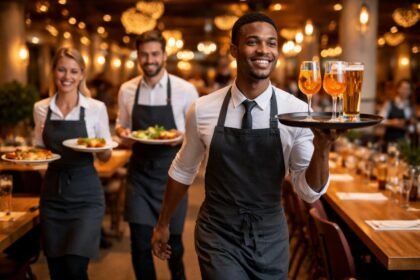 Pincér tálal egy modern étteremben, mosolyogva és figyelmesen kiszolgálva vendégeket.