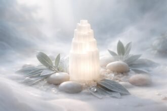 Fehér tejszerű tejópál kő, finom fényekkel és nyugtató energiával áradva