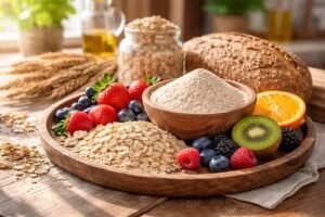 Teljes kiőrlésű lisztet ábrázoló kép: rostokban gazdag, egészséges étkezés és tápanyagokkal