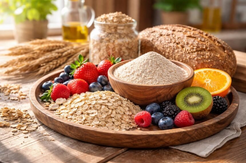 Teljes kiőrlésű lisztet ábrázoló kép: rostokban gazdag, egészséges étkezés és tápanyagokkal