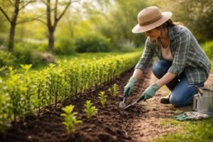 Tavaszi sövényültetés kezdőknek: készülő zöld fallal, rendezetten sorolt sövények, útmutatóval.