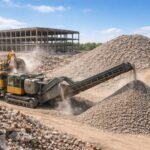 Darált beton felhasználását bemutató építkezési fotó modern munkaeszközökkel, gépekkel és konténerekkel.