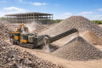 Darált beton felhasználását bemutató építkezési fotó modern munkaeszközökkel, gépekkel és konténerekkel.