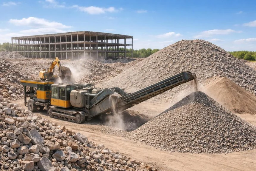 Darált beton felhasználását bemutató építkezési fotó modern munkaeszközökkel, gépekkel és konténerekkel.