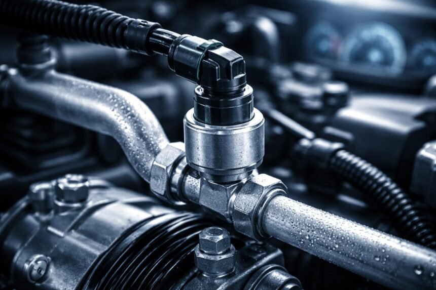 Autóklíma nyomáskapcsoló és hűtőközeg nyomásának részletes vizuális ábrázolása a komponensek közti kapcsolatokkal