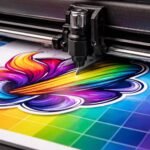 Élénk színű matrica nyomtatás folyamatát bemutató részletfelvétel precíz kontúrok és vágási részletekkel