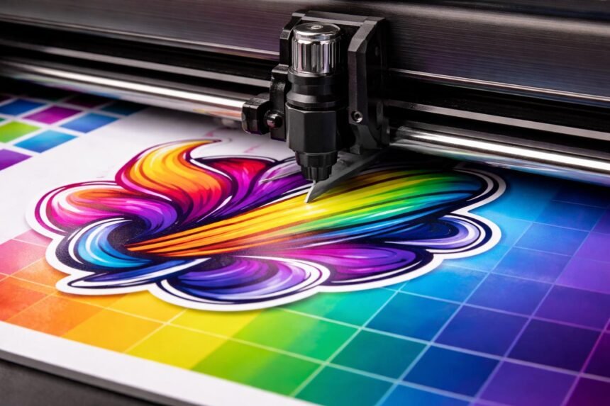 Élénk színű matrica nyomtatás folyamatát bemutató részletfelvétel precíz kontúrok és vágási részletekkel