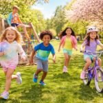 Gyermekek futnak a tavaszi napon Skechers cipőben, színes ruhákban, boldogan játszanak.