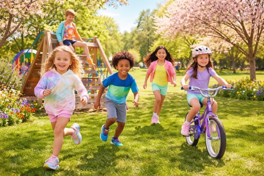 Gyermekek futnak a tavaszi napon Skechers cipőben, színes ruhákban, boldogan játszanak.