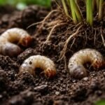 Látható a föld alatti lárvák fehér, C alakú formában a gyökerek közelében.