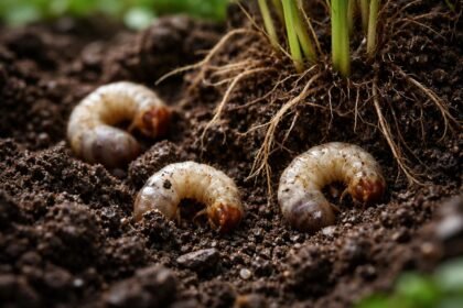 Látható a föld alatti lárvák fehér, C alakú formában a gyökerek közelében.