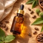 Ricinusolaj üveg és természetes összetevők, a bőrápolás és hajápolás vizuális bemutatója