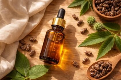 Ricinusolaj üveg és természetes összetevők, a bőrápolás és hajápolás vizuális bemutatója