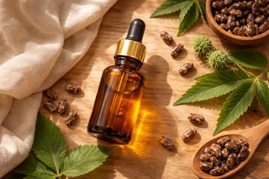 Ricinusolaj üveg és természetes összetevők, a bőrápolás és hajápolás vizuális bemutatója