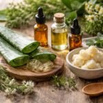 Friss Aloe vera levél, üveg illóolajok és növényi összetevők képe