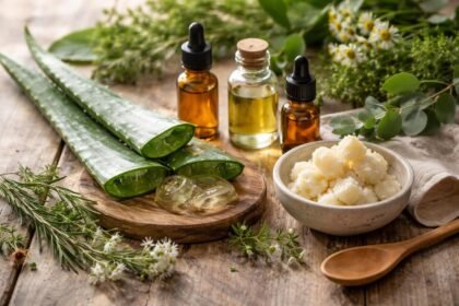 Friss Aloe vera levél, üveg illóolajok és növényi összetevők képe