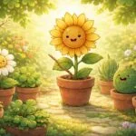 Egy beszélő növény animációs karaktere mosolyogva meséli történetét a városi kertben.
