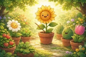 Egy beszélő növény animációs karaktere mosolyogva meséli történetét a városi kertben.
