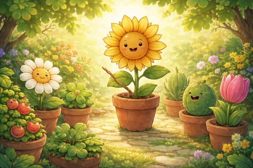 Egy beszélő növény animációs karaktere mosolyogva meséli történetét a városi kertben.